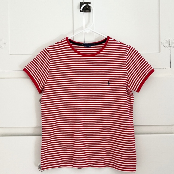 Ralph Lauren Sport Red White Striped Crewneck Tee Shirt Size Medium - Picture 1 of 5